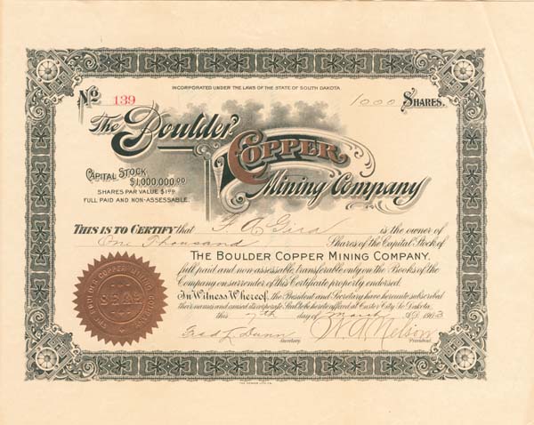 Boulder Copper Mining Co. - Stock Certificate